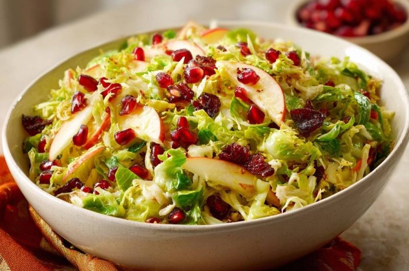 Shaved Brussels Sprouts Salad with Apples, Pomegranate & Bacon