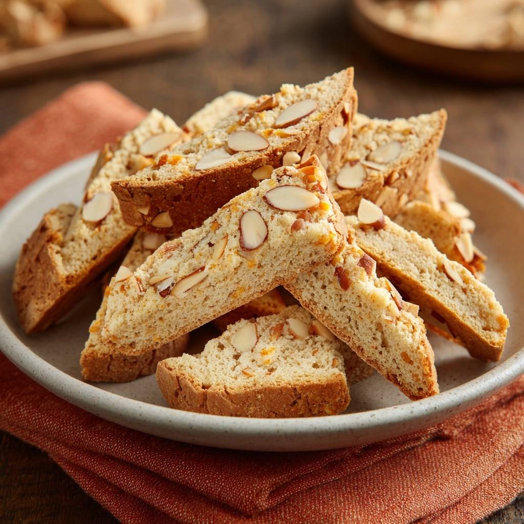 Almond orange biscotti piled high on a plate, showcasing their textured crumb and visible almond pieces.