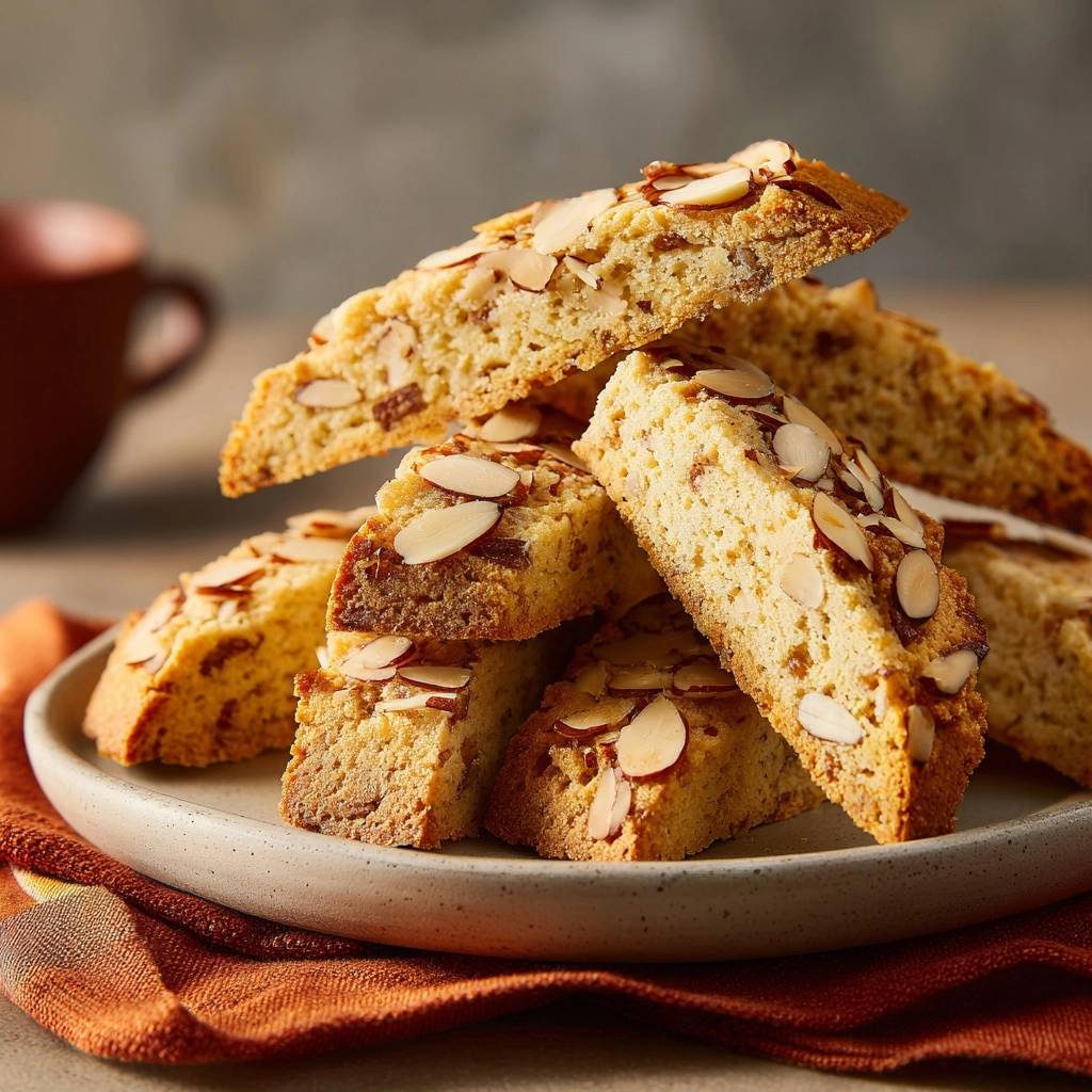 Almond orange biscotti stacked on a textured plate, showcasing sliced almonds on top.