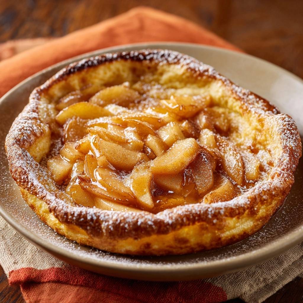 Apple Dutch baby pancake topped with powdered sugar and warm apple slices, showcasing its fluffy texture.