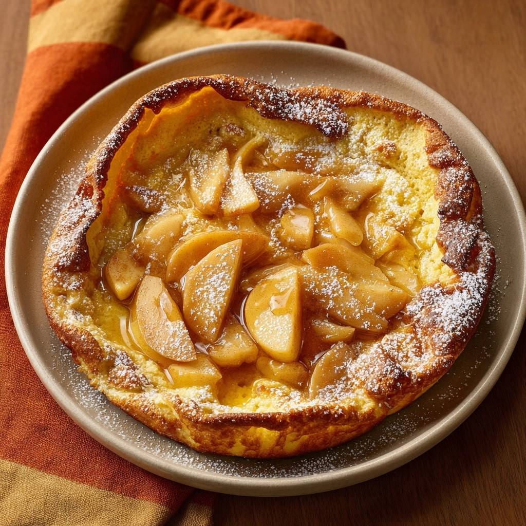 Apple Dutch baby pancake topped with sliced apples, drizzled with syrup, and dusted with powdered sugar.