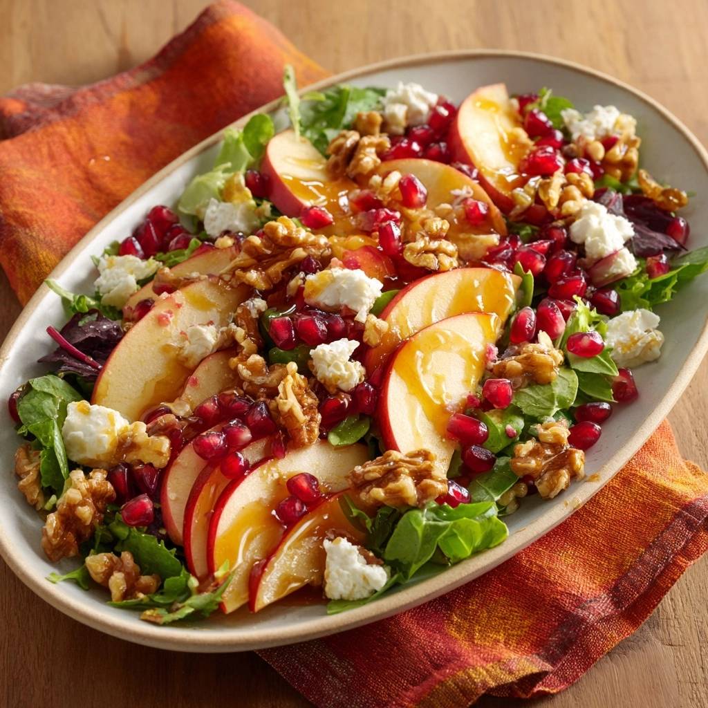 Apple pomegranate feta salad with walnuts and goat cheese, artfully arranged on a platter with a drizzle of dressing.