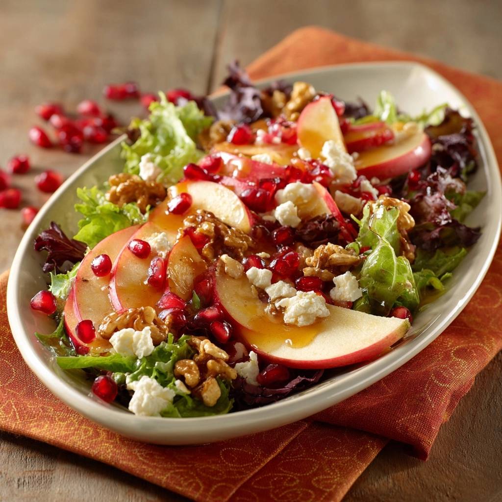 Apple pomegranate feta salad with walnuts and a honey dressing, presented in a close-up view highlighting the ingredients.