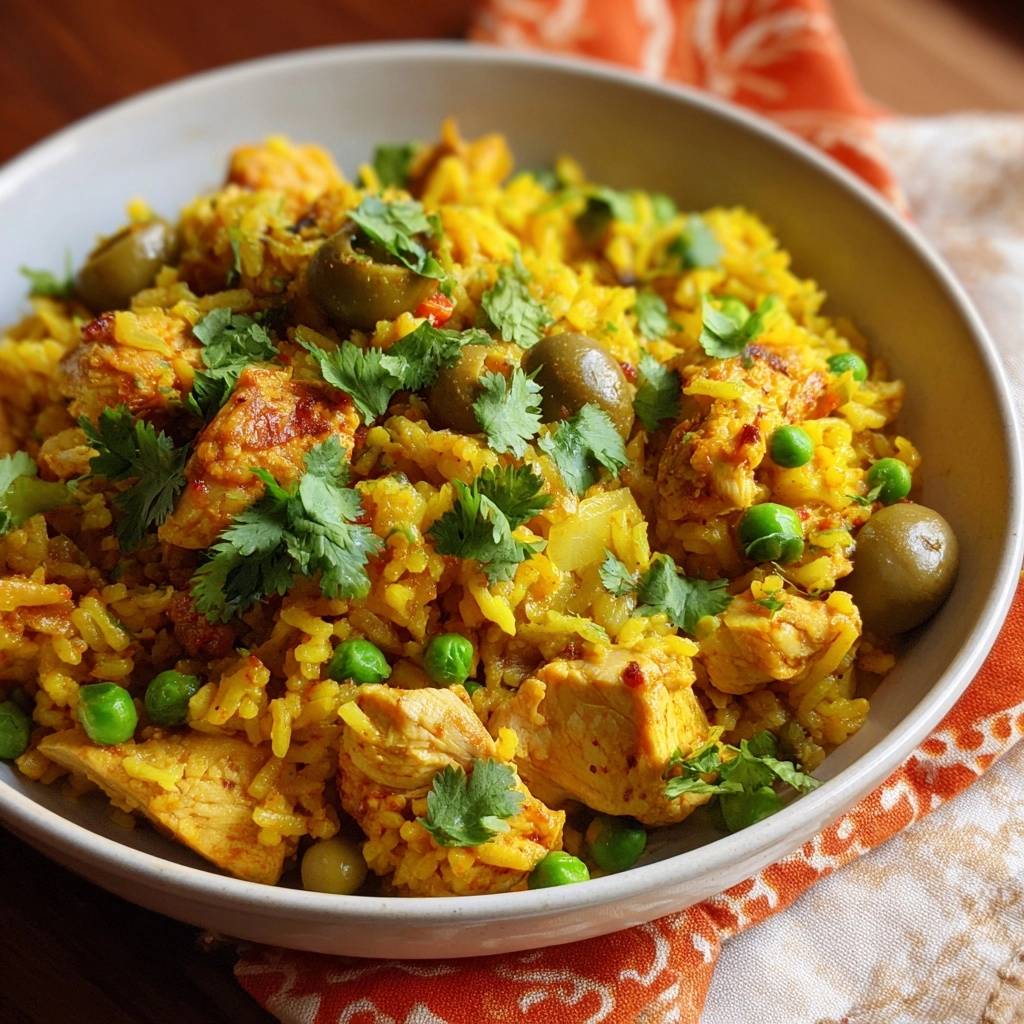 Arroz con Pollo with tender chicken pieces, peas, olives, and fresh cilantro garnish in a bowl.