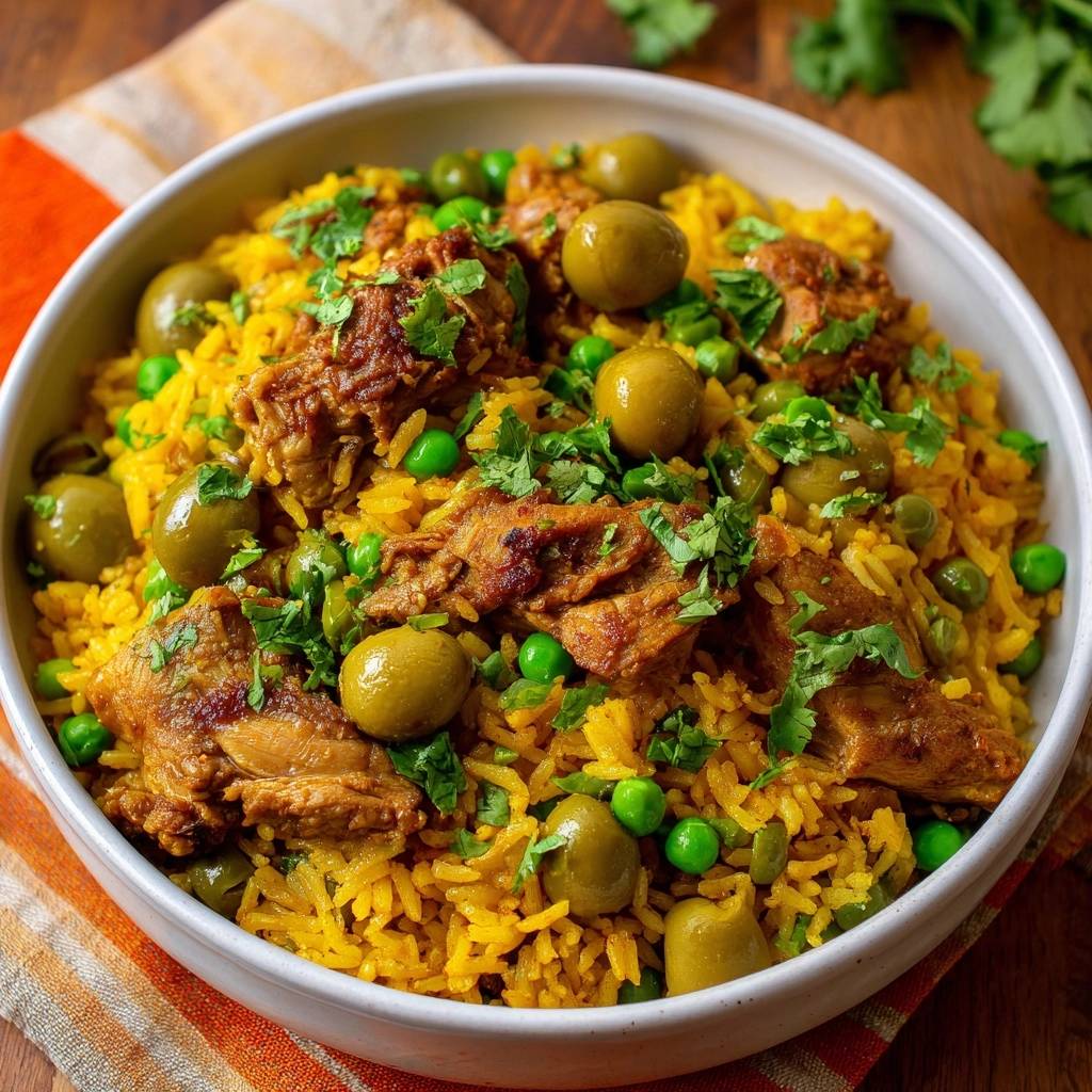 Arroz con Pollo in a white bowl, featuring fluffy yellow rice, tender chicken, green olives, and peas, garnished with cilantro.