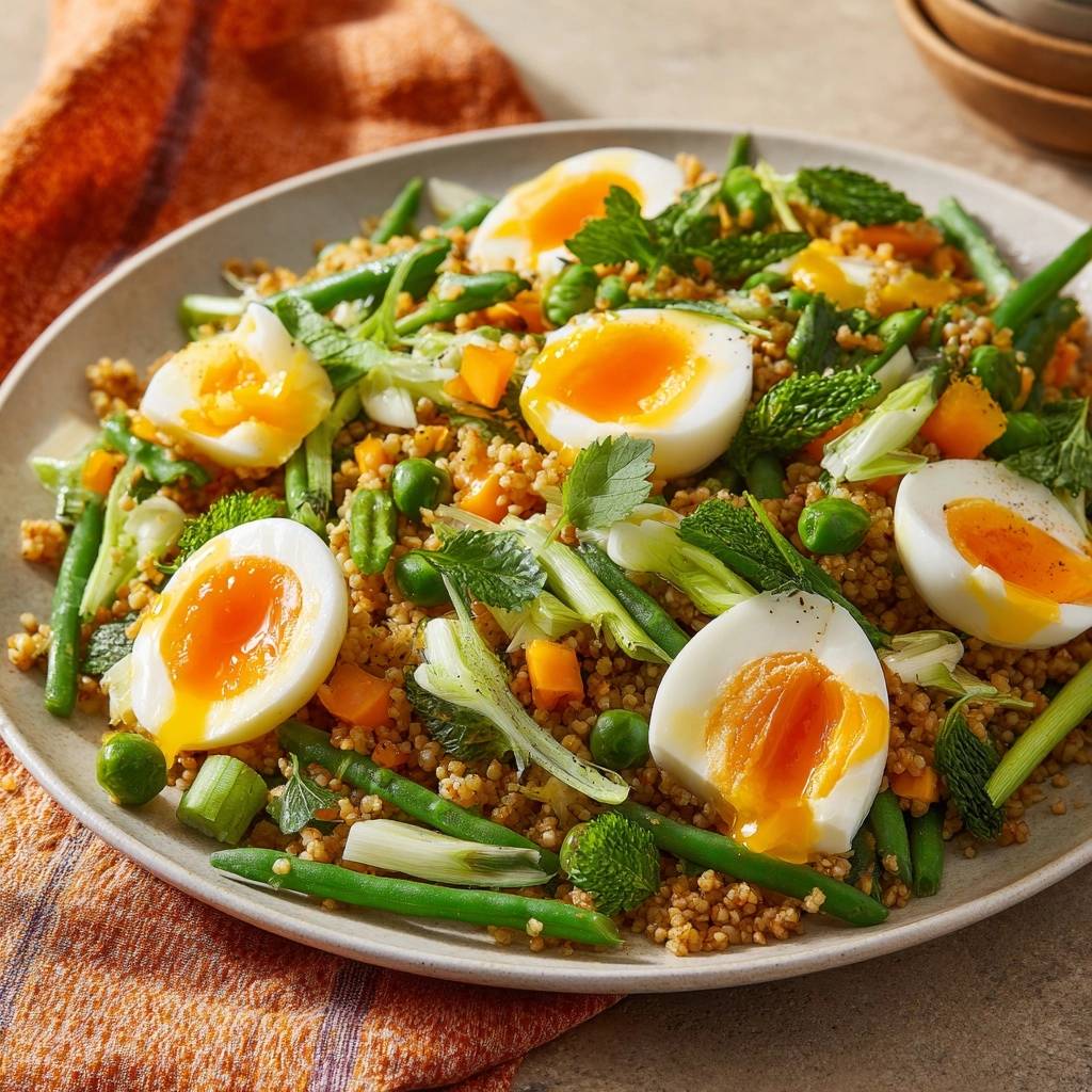 Asparagus quinoa spinach salad with jammy eggs shown in a close-up cross-section revealing a runny yolk.