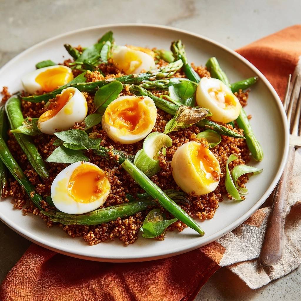 Asparagus quinoa spinach salad with jammy eggs, showing the soft, runny yolk of a halved egg.
