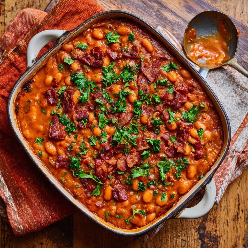 Bacon baked beans with thick, glossy sauce, garnished with fresh parsley, shown from an overhead view in a baking dish.