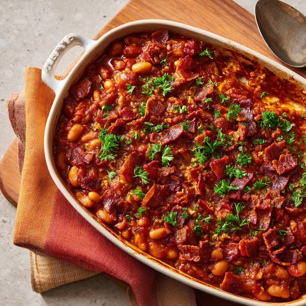Bacon baked beans with thick, glossy sauce, topped with crispy bacon and fresh parsley garnish in a white baking dish.