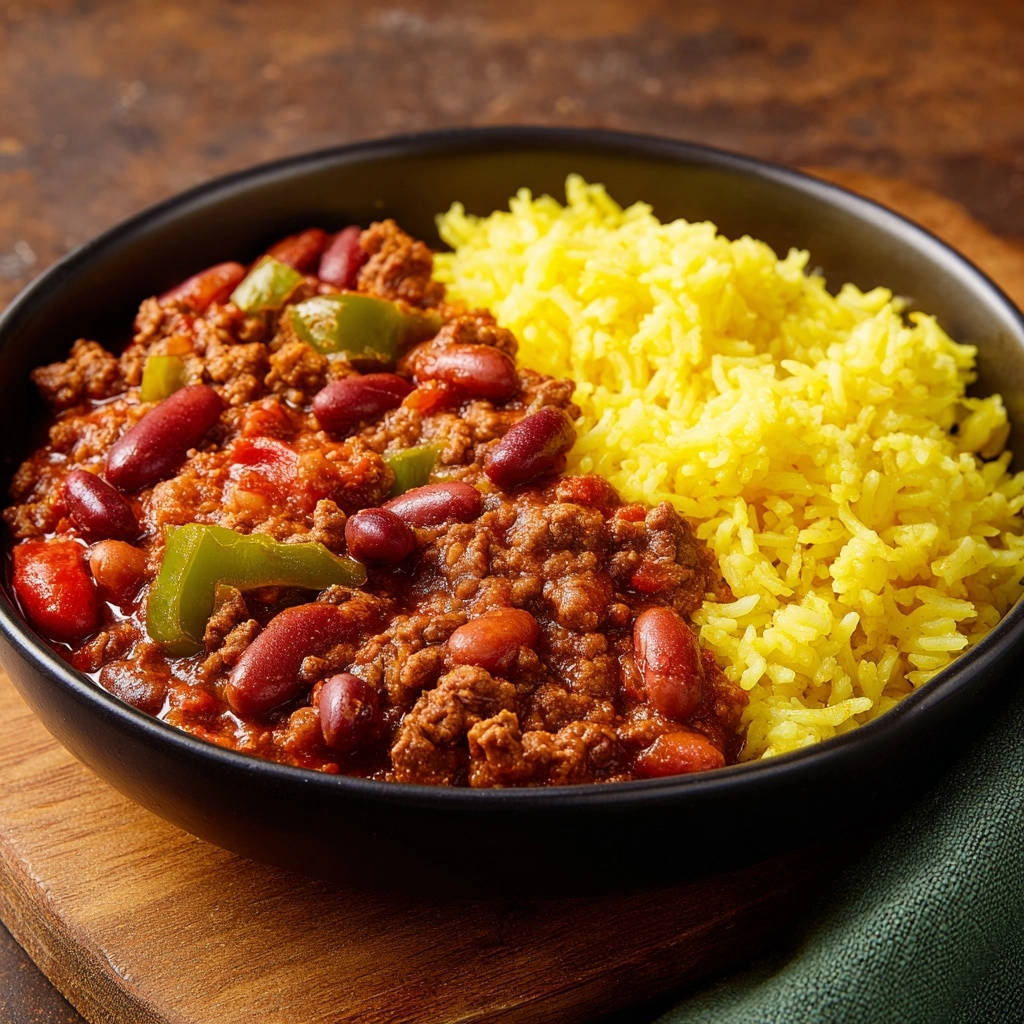 Hearty beef and bean chili with yellow rice served in a close-up bowl with a dark green napkin.