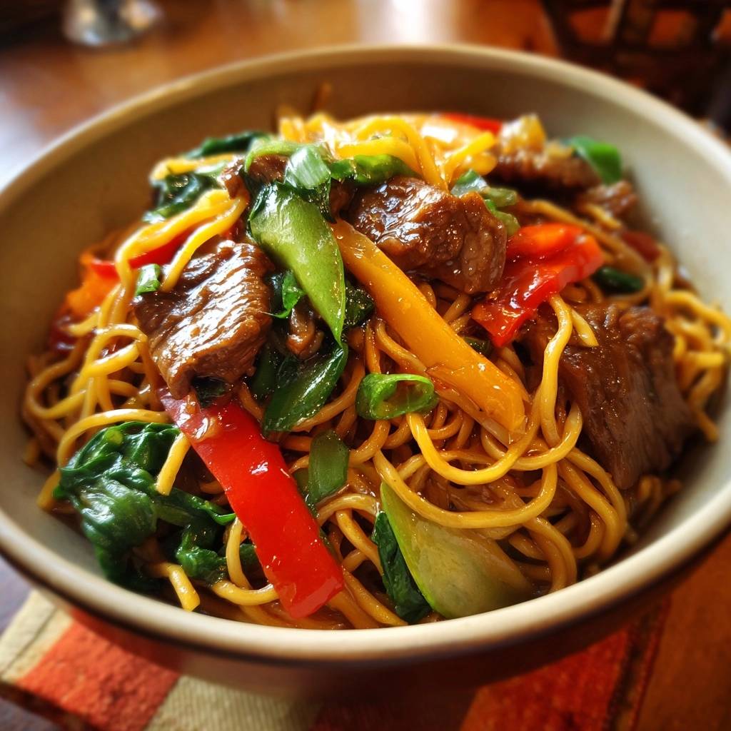 Beef bell pepper noodle stir-fry served in a close-up bowl with tender beef and vibrant vegetables.