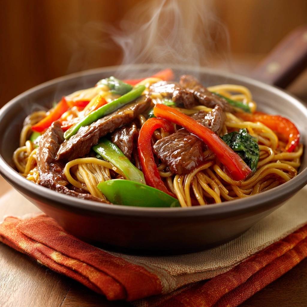 Beef bell pepper noodle stir-fry served steaming hot in a rustic bowl with vibrant vegetables.