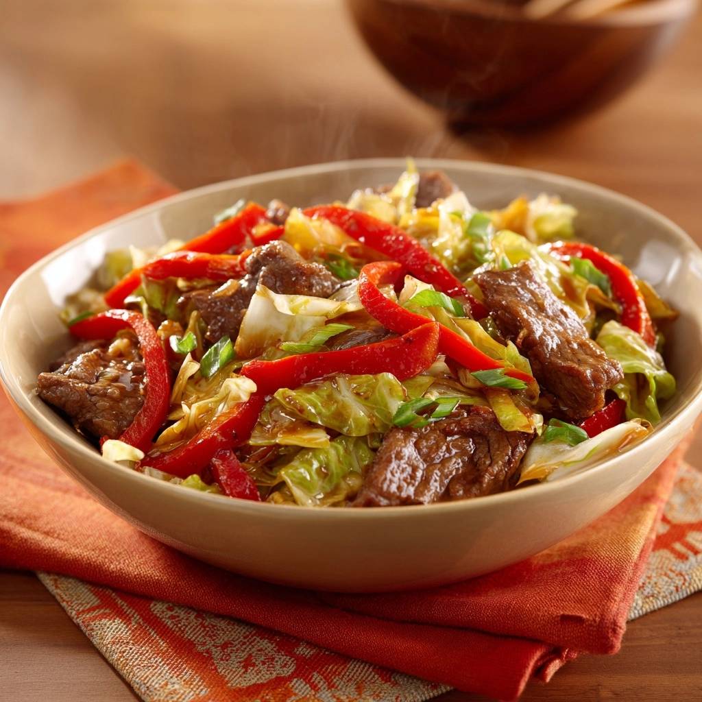 Beef cabbage stir-fry served steaming in a close-up bowl with red peppers and green onions.