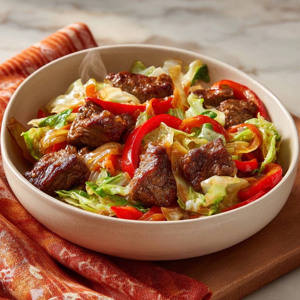 Beef Cabbage Stir-Fry in a rustic bowl, with steam rising, showcasing tender beef and crisp vegetables.