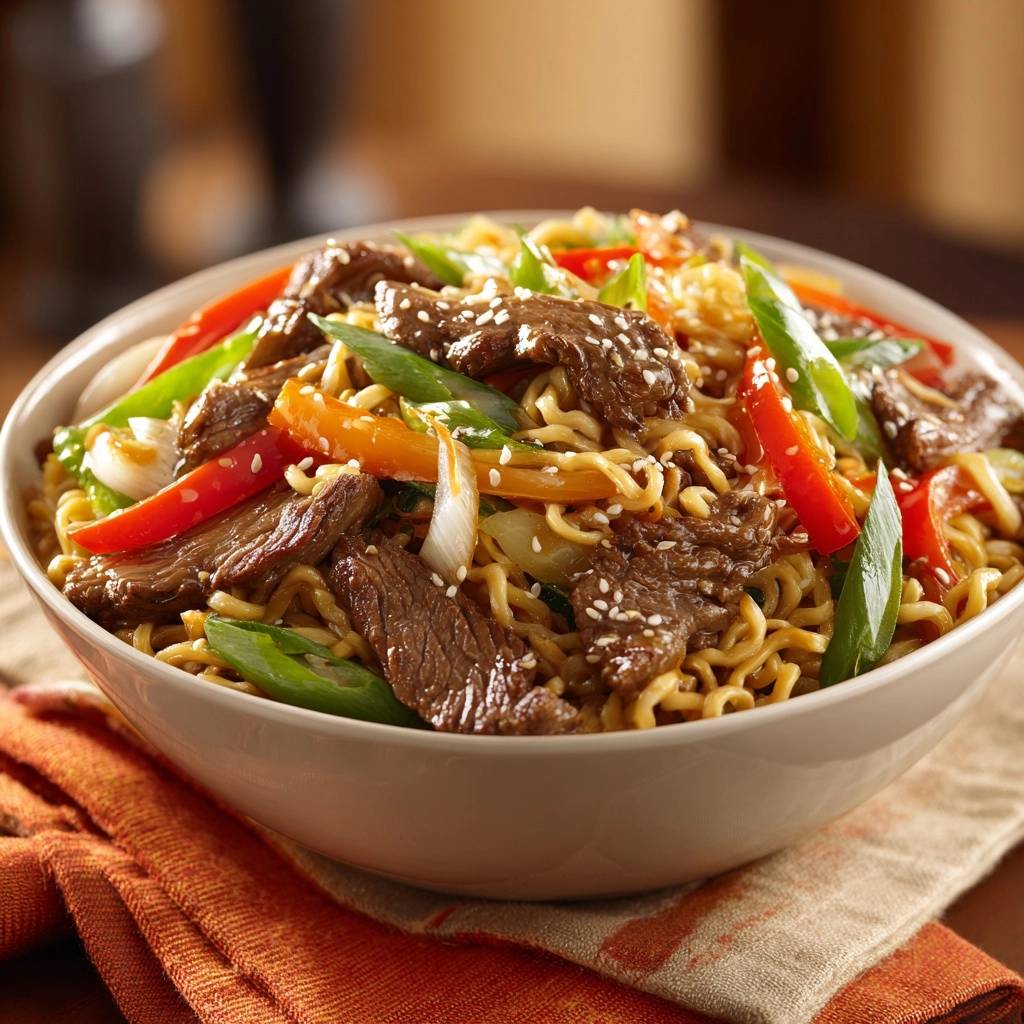 Beef Chow Mein with Tender Velvety Beef served in a close-up bowl with colorful vegetables and sesame seeds.