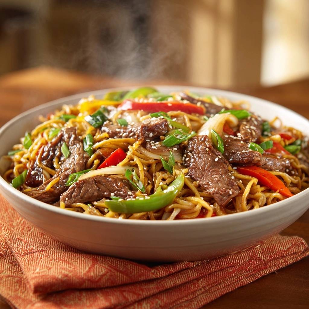 Beef Chow Mein with Tender Velvety Beef steaming in a white bowl, garnished with sesame seeds and fresh green onions.