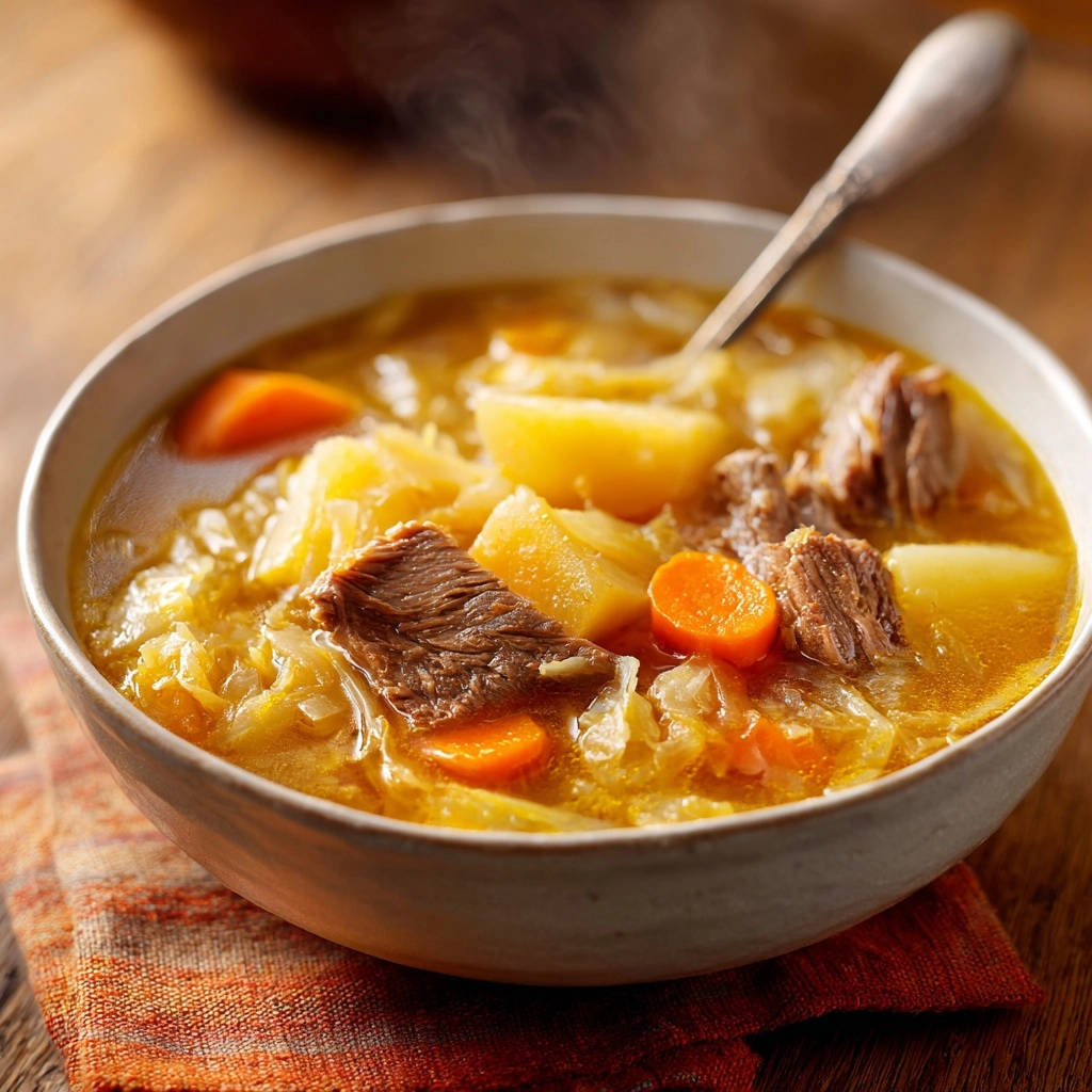 Rich beef and potato stew served in a steaming bowl, showcasing tender meat and vegetables.
