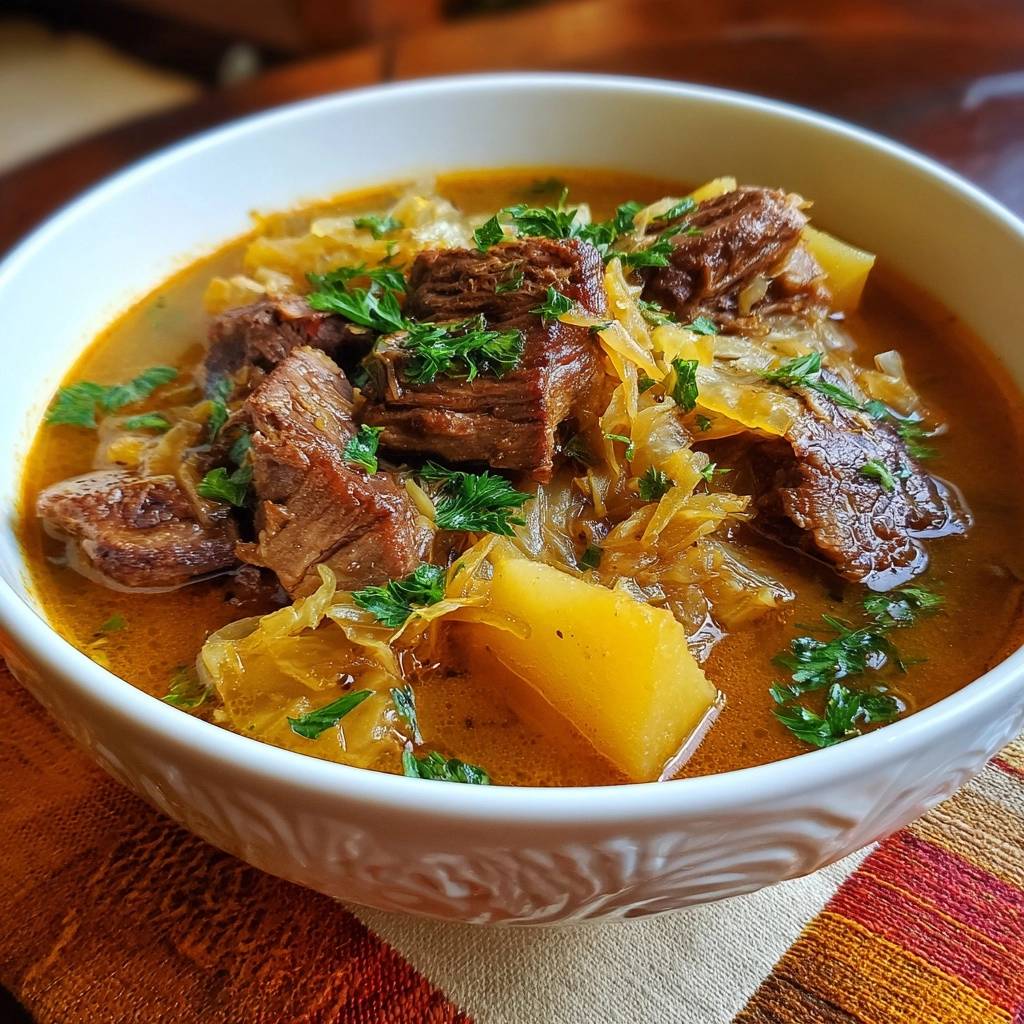 Beef sauerkraut stew with tender meat and potatoes served in a white bowl, garnished with fresh parsley.