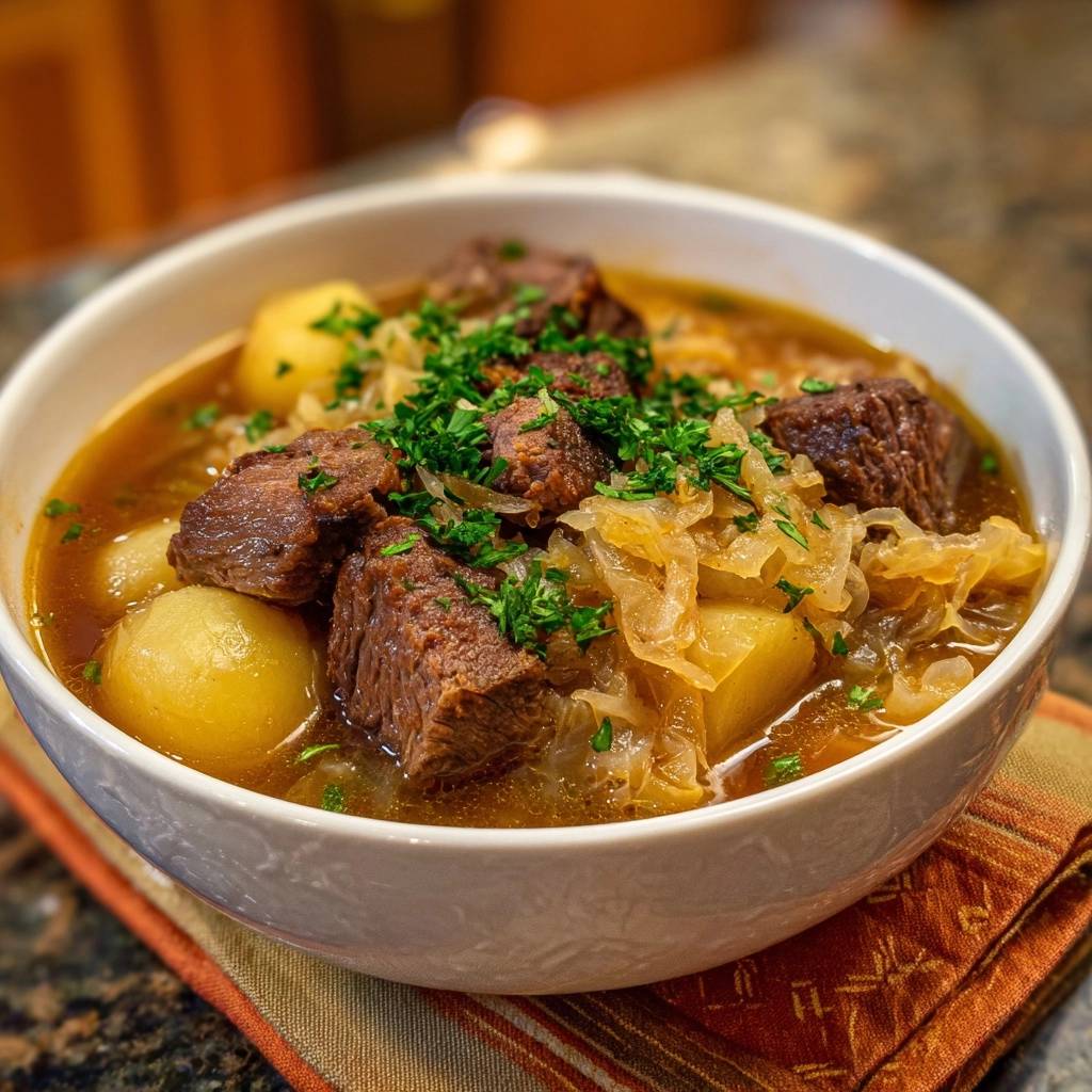 Beef sauerkraut stew featuring tender chunks of meat and potatoes, generously garnished with fresh parsley.