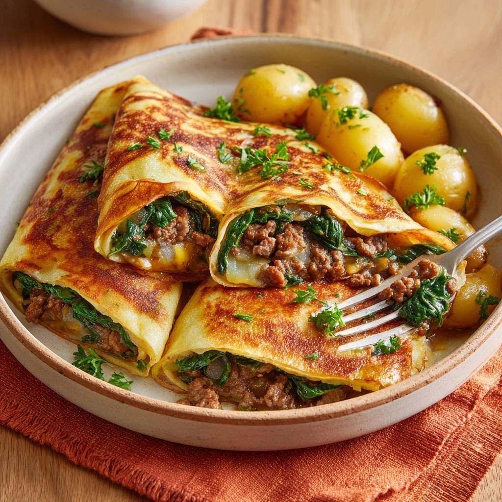 Beef spinach crepes with a fork taking a bite, showing the savory filling in a close-up slice.