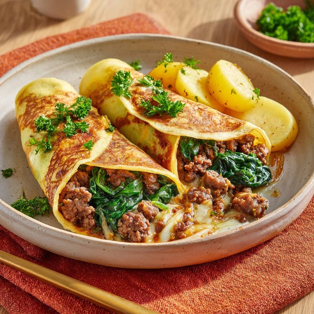 Beef spinach crepes plated with sliced potatoes and garnished with fresh parsley.