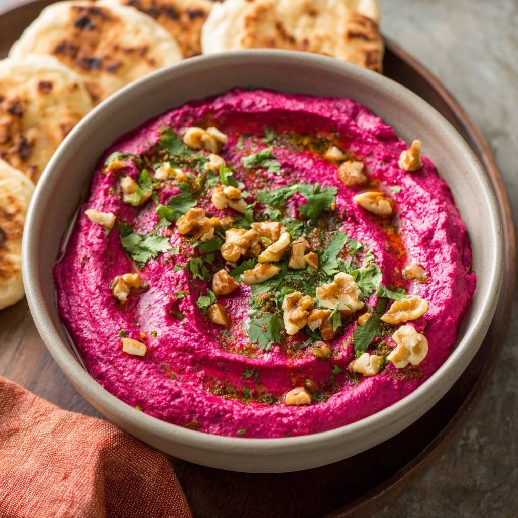 Silky beet hummus with walnuts and cilantro garnish, drizzled with olive oil, shown in a bowl.