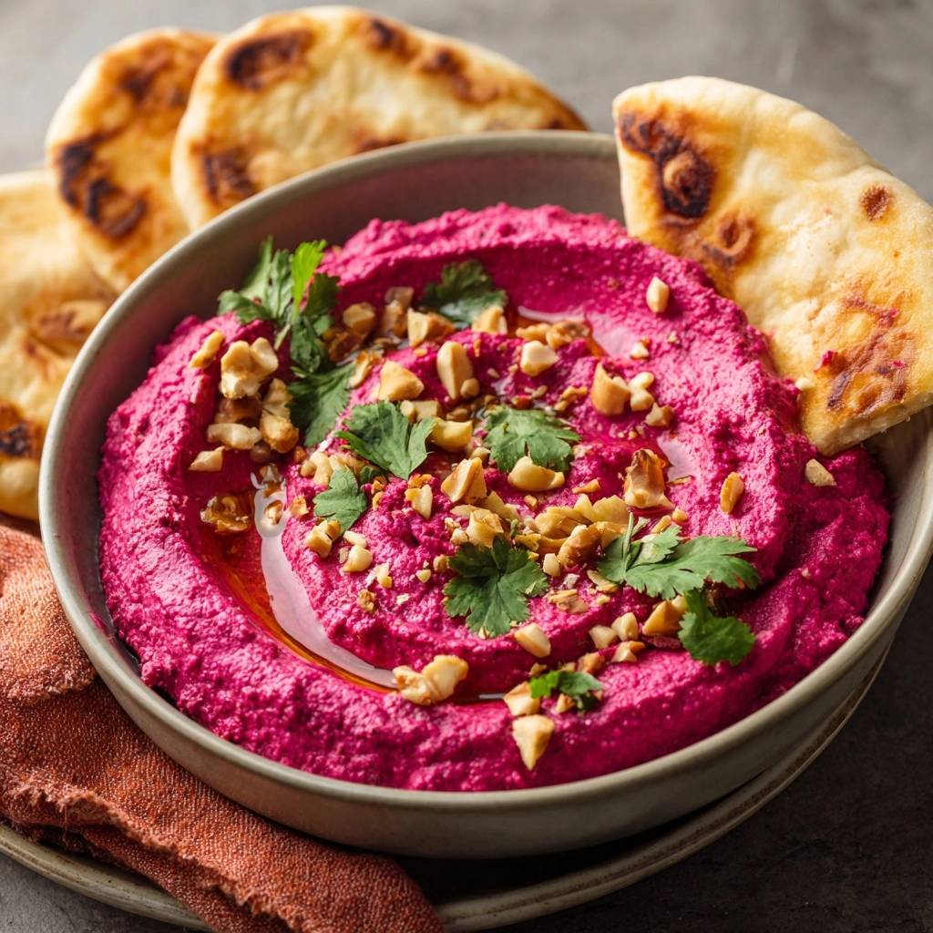 Silky beet hummus with walnuts garnished with cilantro and drizzled with oil, served with pita bread.