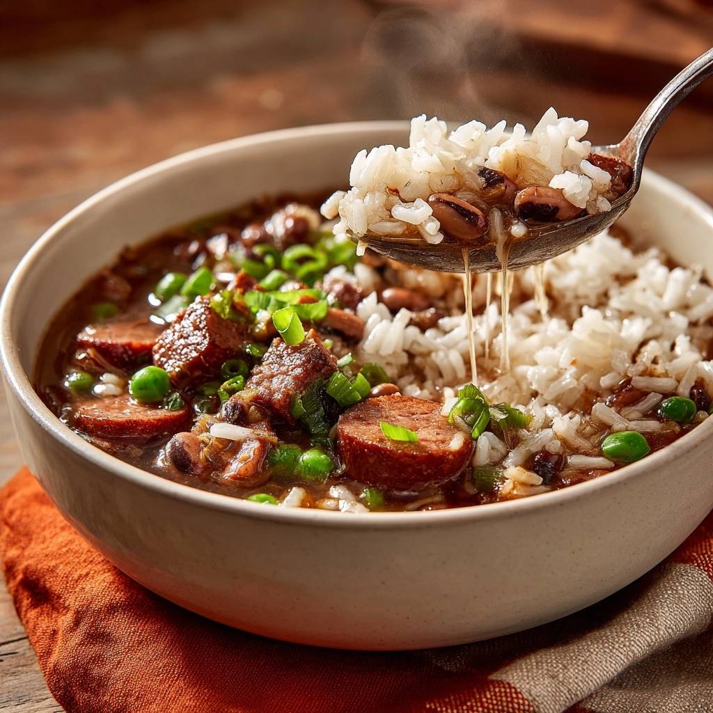 Black-eyed peas sausage rice with thick roux gravy, with a spoonful of rice and beans dripping savory gravy.