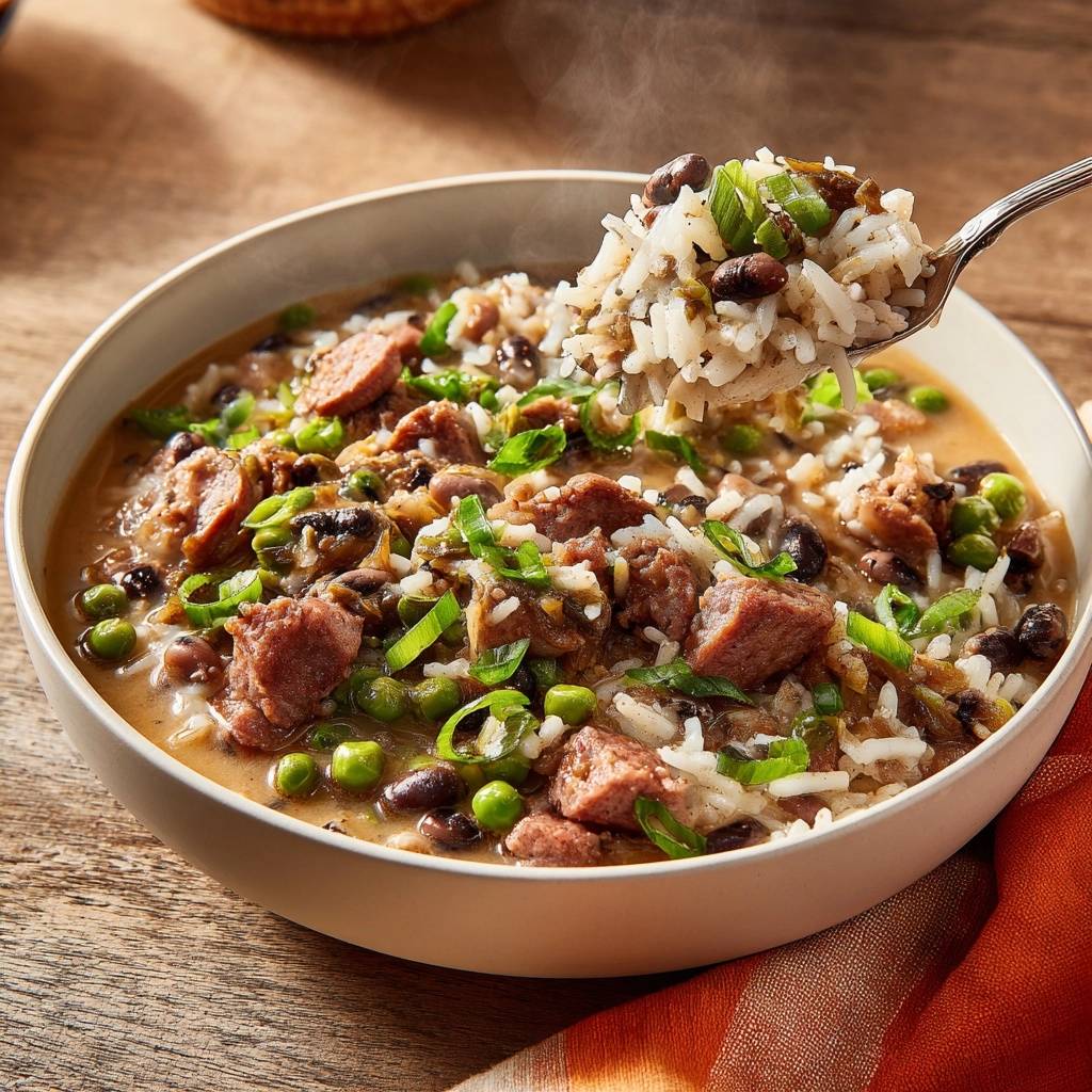 Black-eyed peas sausage rice with thick roux gravy, a spoonful scoops up the hearty dish with visible sausage, peas, and rice.