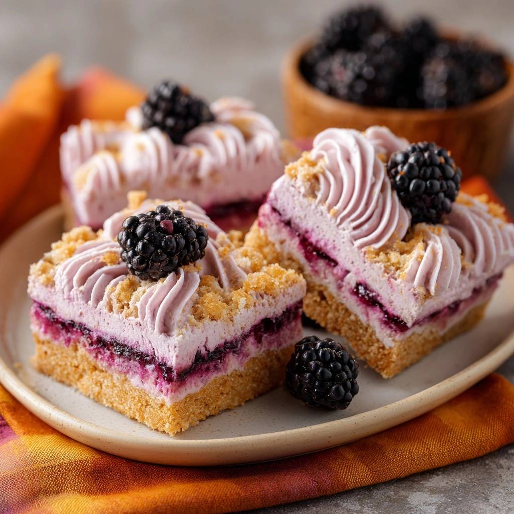 Blackberry cheesecake bars with crisp no-soggy crust shown in a close-up cross-section revealing layers of cake, berry filling, and cream cheese topping.