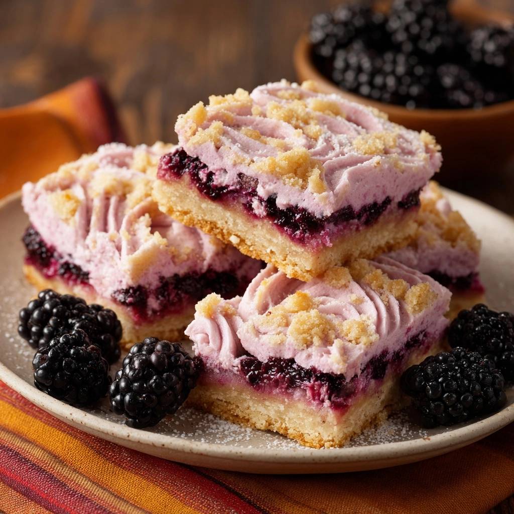 Blackberry cheesecake bars with crisp no-soggy crust, presented as plated slices with fresh blackberries.
