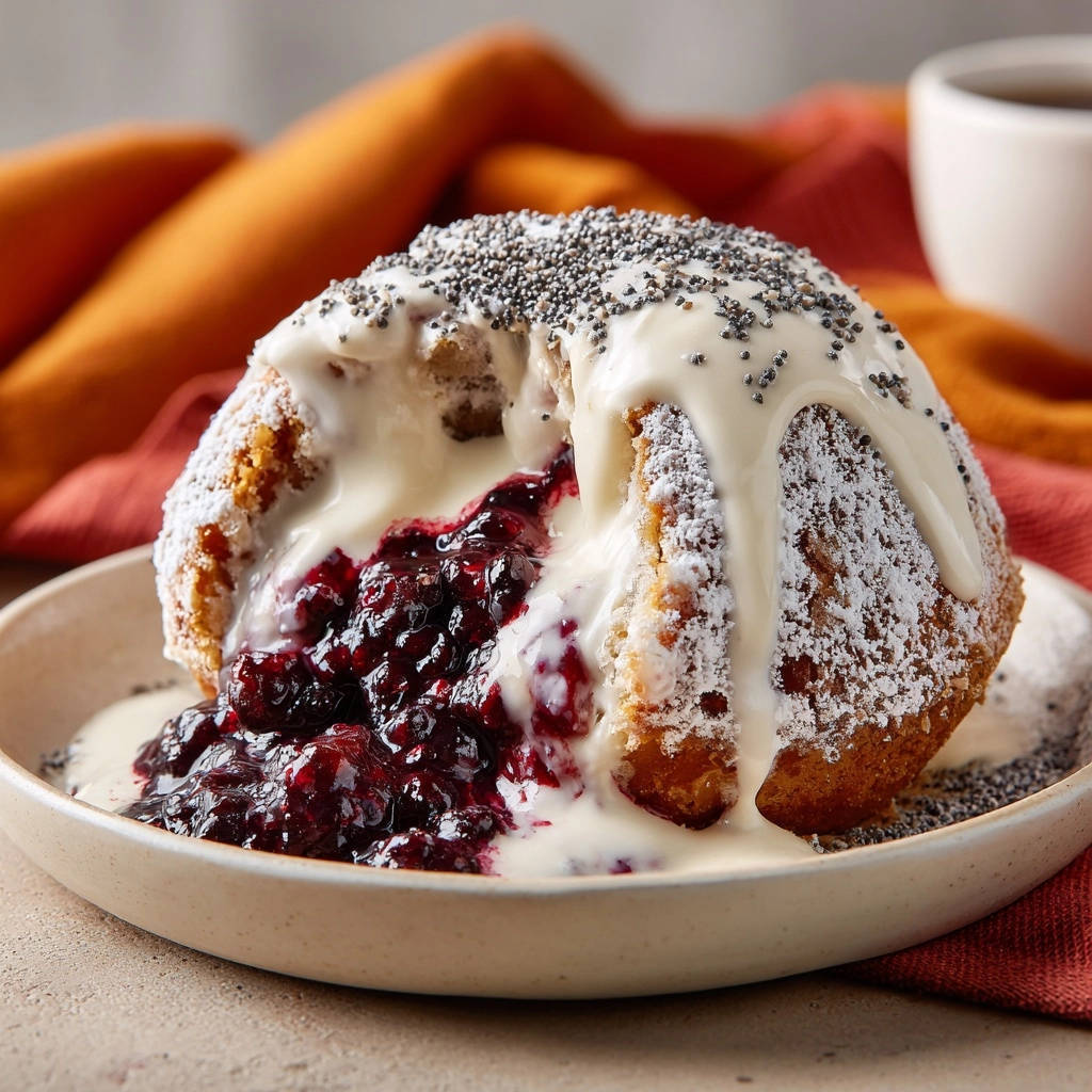Blackberry poppy seed lava cake with white glaze and powdered sugar, showing a cross-section of the berry filling.