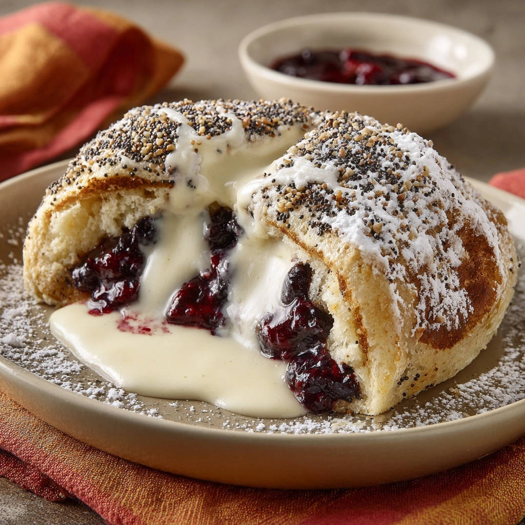 Blackberry poppy seed lava cake cross-section revealing oozing berry and cream filling on a plate.