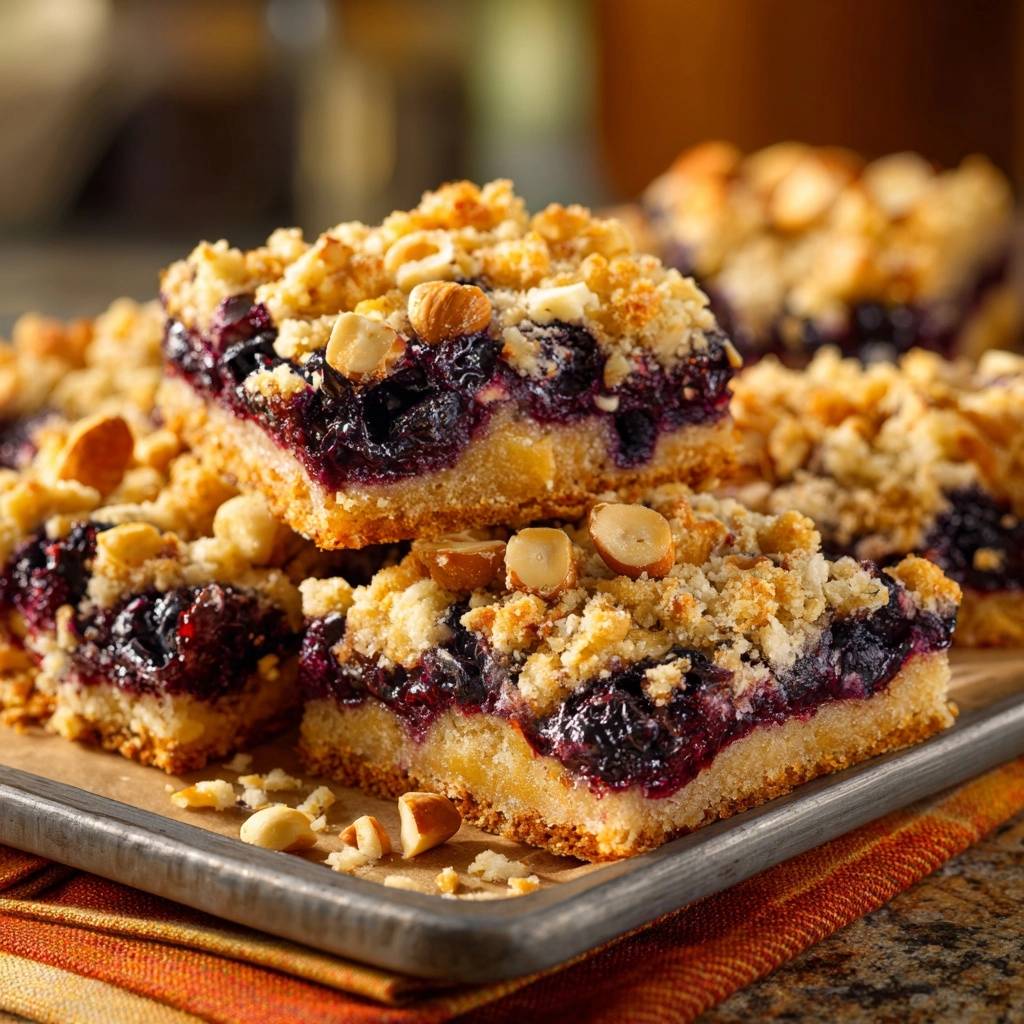 Blueberry hazelnut crumble bars shown in a close-up stacked cross-section, highlighting the crumb topping and fruit filling.