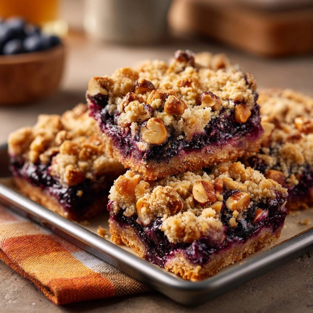 Blueberry hazelnut crumble bars stacked and presented in a close-up view, showcasing their crumbly topping and berry filling.