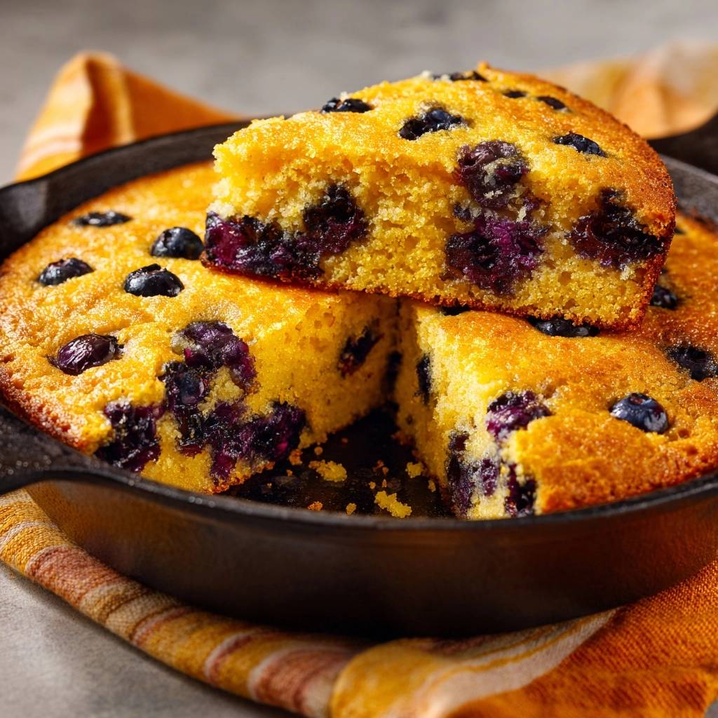Blueberry skillet cornbread shown with a slice lifted, revealing a golden cross-section with whole blueberries.