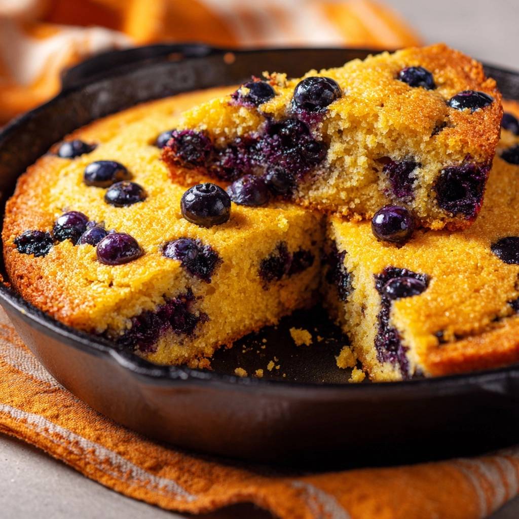 Blueberry skillet cornbread with a slice lifted to show the tender interior and fresh fruit.