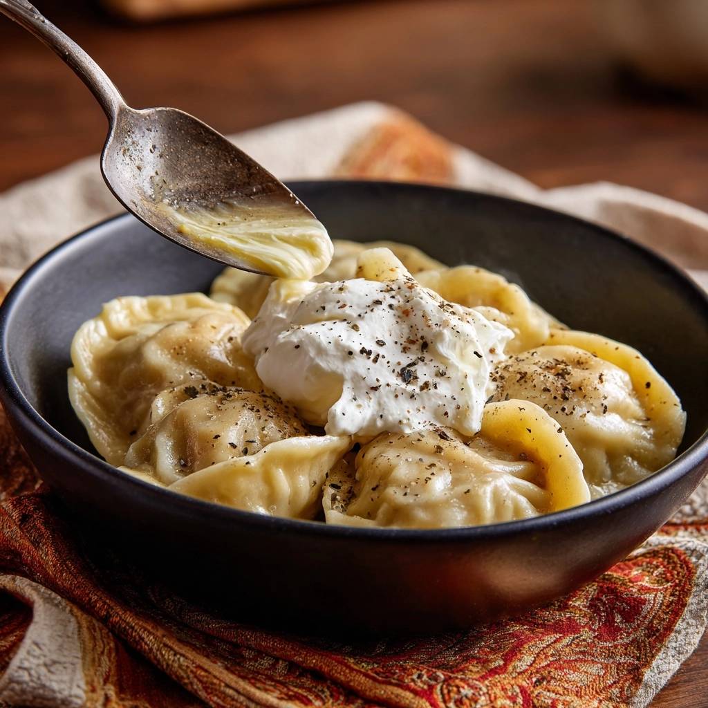 Classic boiled pierogi topped with a dollop of sour cream and a spoon of melted butter.