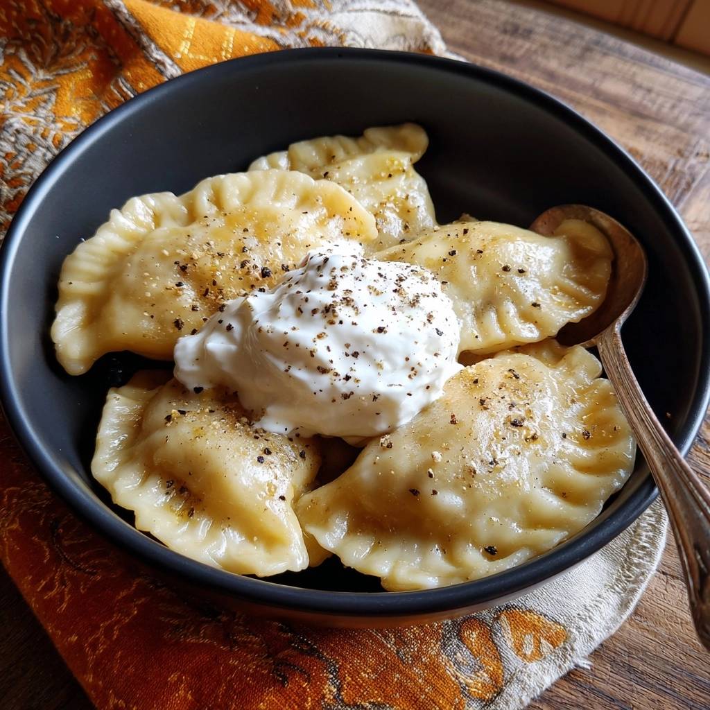Classic boiled pierogi topped with a dollop of sour cream and black pepper in a dark bowl.