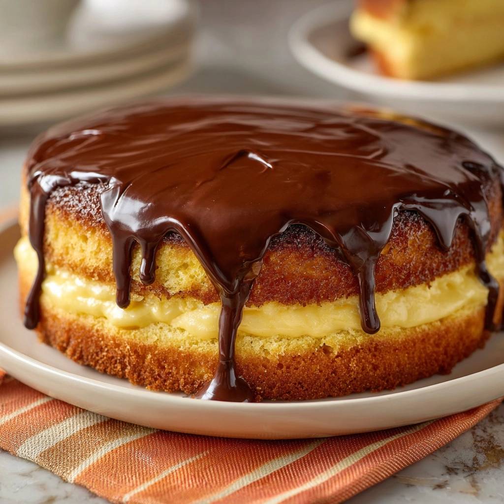 Classic Boston Cream Pie with rich chocolate ganache dripping down the sides, revealing the creamy filling.