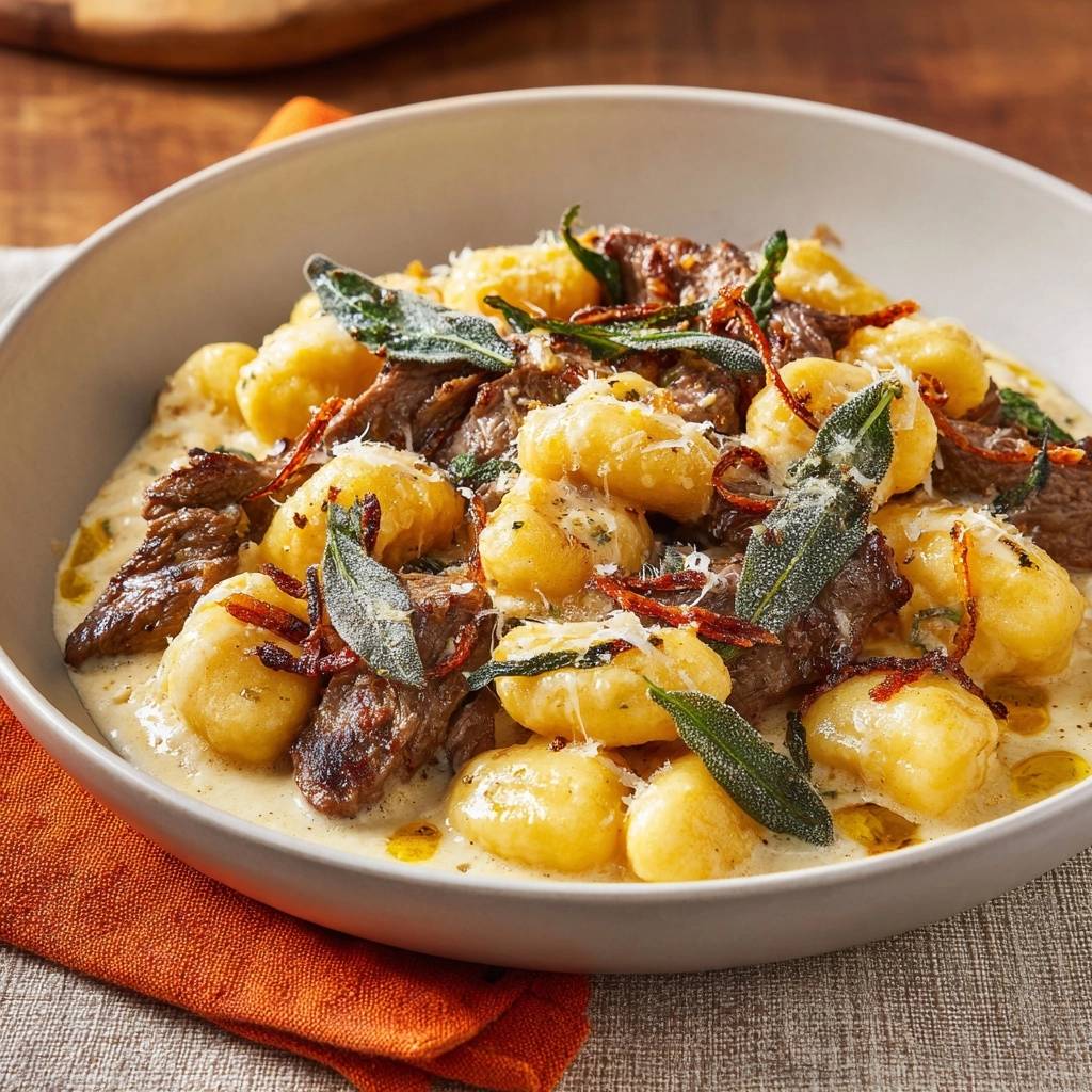 Braised beef gnocchi with crispy sage and a creamy sauce, served in a white bowl with an orange napkin.