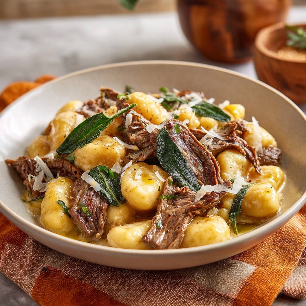 Braised beef gnocchi with crispy sage and shaved parmesan served in a rustic bowl.