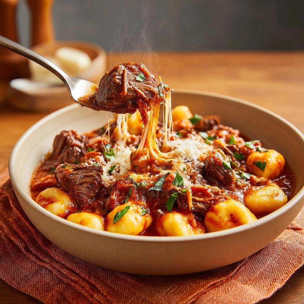 Braised beef gnocchi with a fork lifting a piece showing a stringy cheese pull and steam.