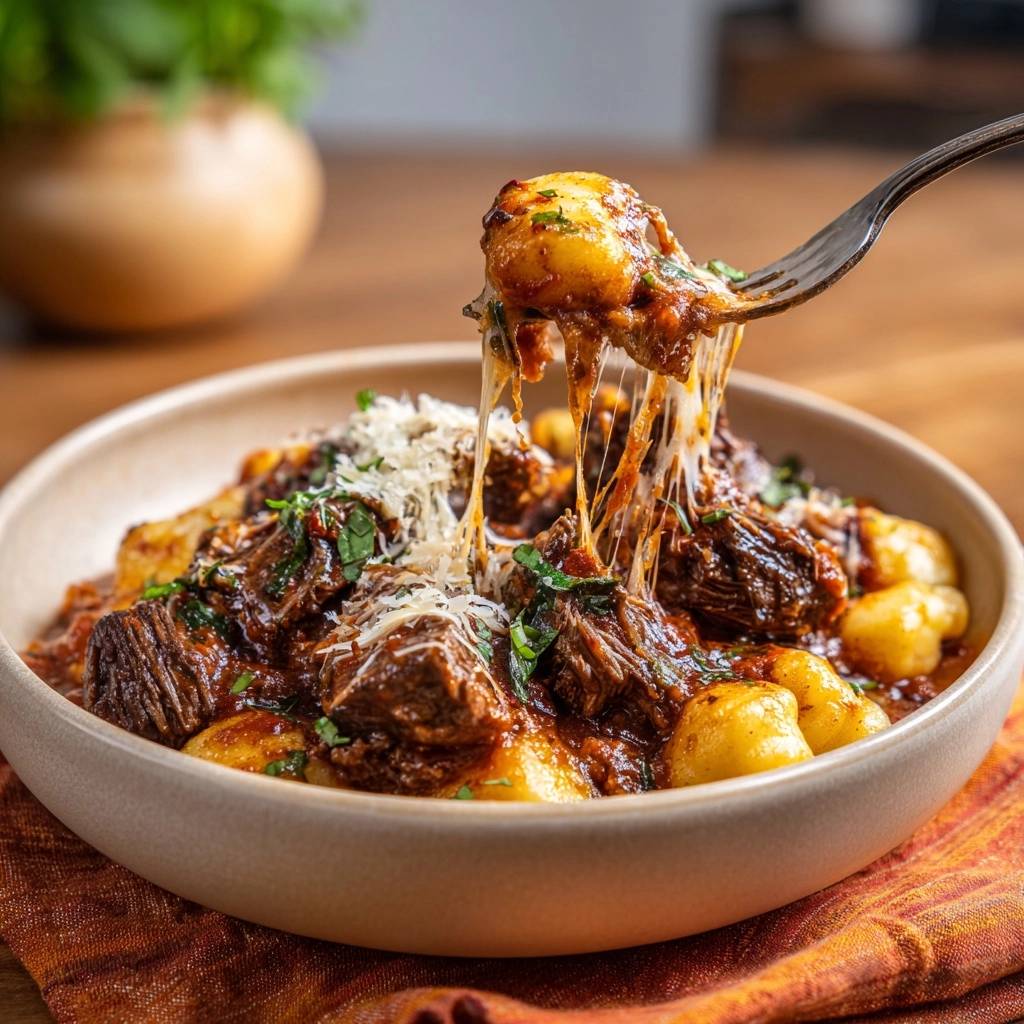 Braised beef gnocchi with a fork pulling up cheesy strands, showcasing the tender beef and melted cheese.