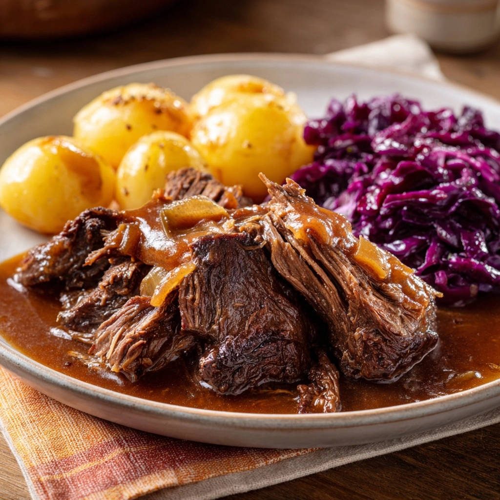 Classic braised beef pot roast plated with potatoes and red cabbage, showcasing rich gravy.
