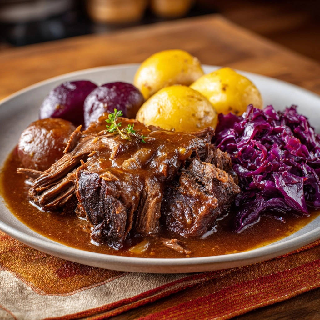 Classic braised beef pot roast with rich gravy, served plated with red cabbage and potatoes.