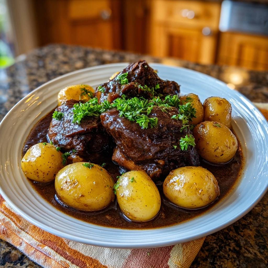 Braised beef shanks with baby potatoes plated and garnished with fresh parsley in a rich sauce.