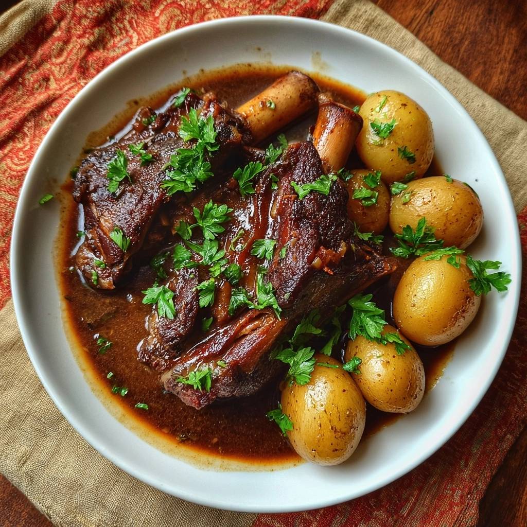 Braised beef shanks with baby potatoes served on a white plate, garnished with fresh parsley, presented from an overhead view.