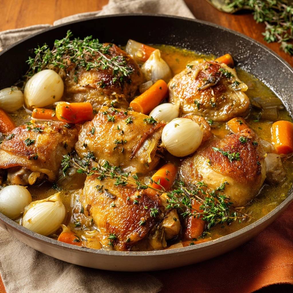 Braised chicken thighs with carrots and thyme are served in a rustic skillet, showcasing tender meat and aromatic herbs.