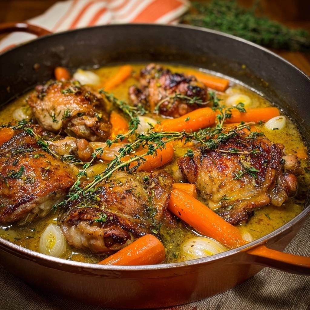 Braised chicken thighs with carrots and thyme served in a skillet with a rich sauce.